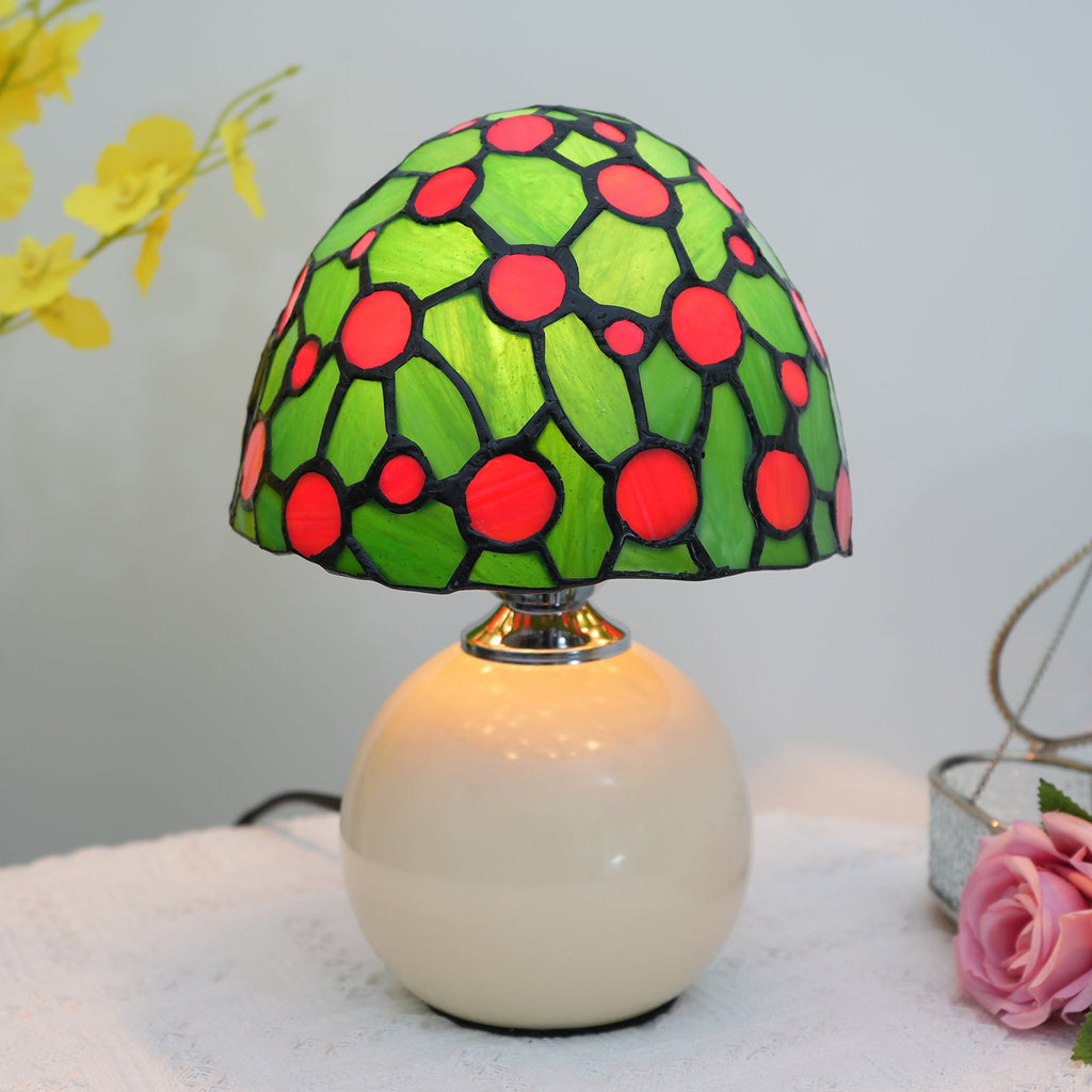 Tiffany Style Table Lamp in Green and Red Stained Glass
