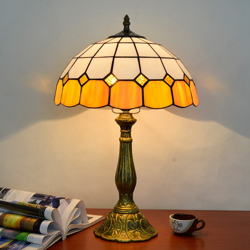 Tiffany Style Table Lamp in White and Amber Stained Glass