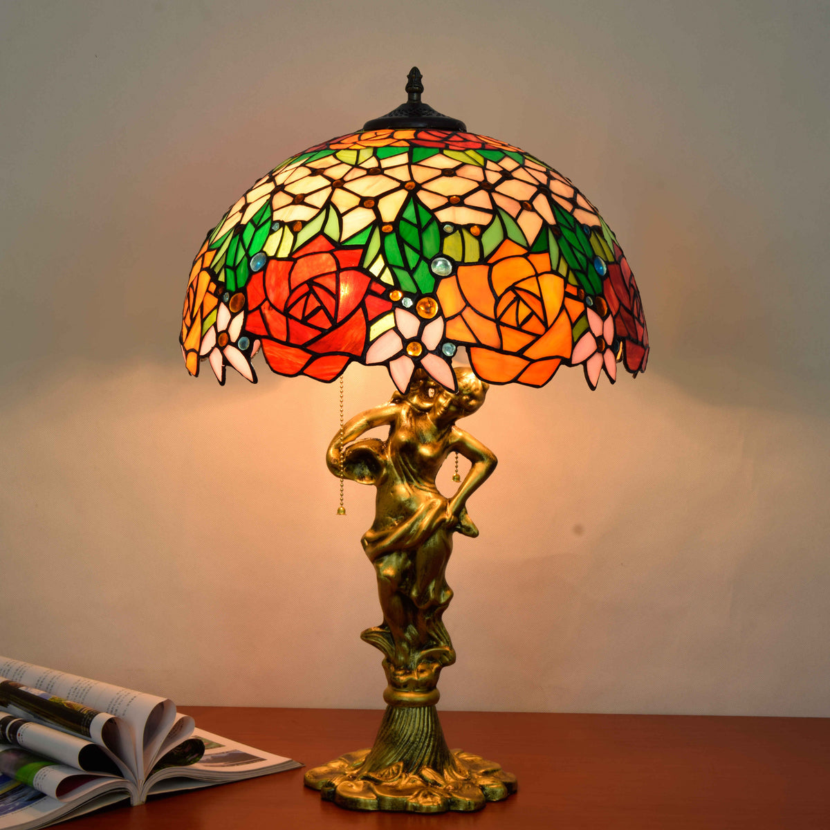 Tiffany Style Table Lamp with Female Figure Base