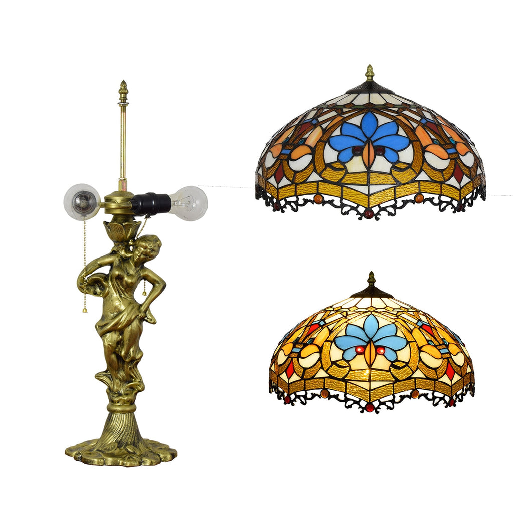 Tiffany Style Table Lamp with Gold Figure Base