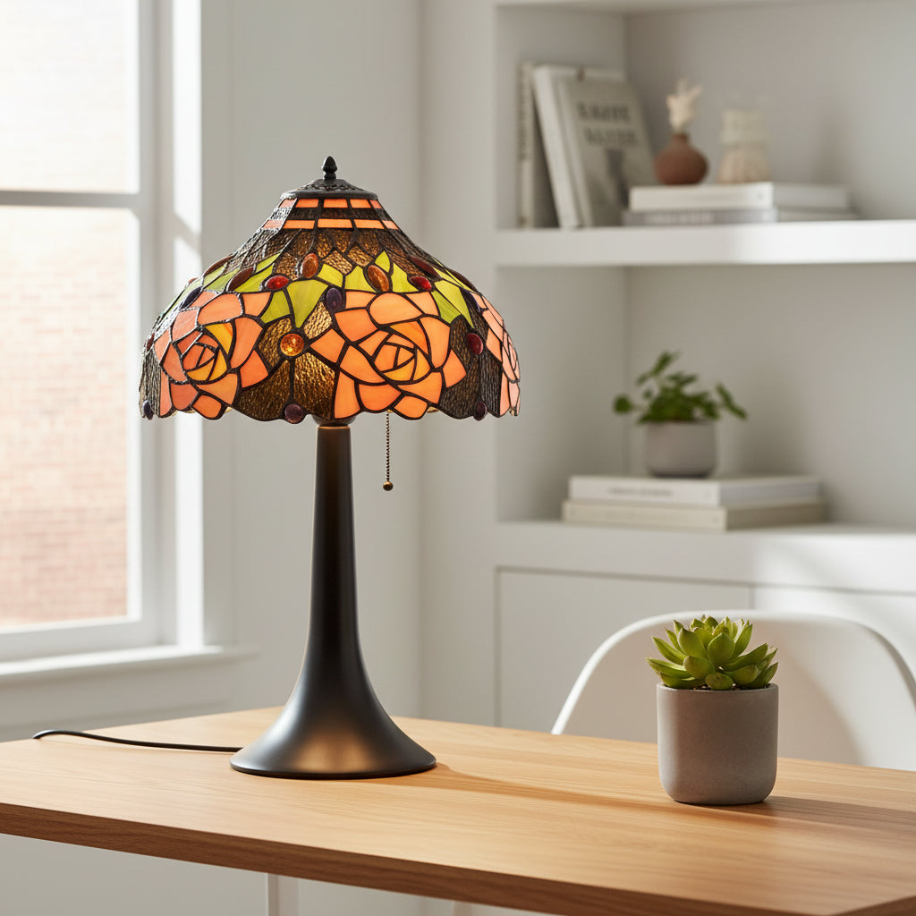 Tiffany-style tinted glass lampshade with multicolored roses