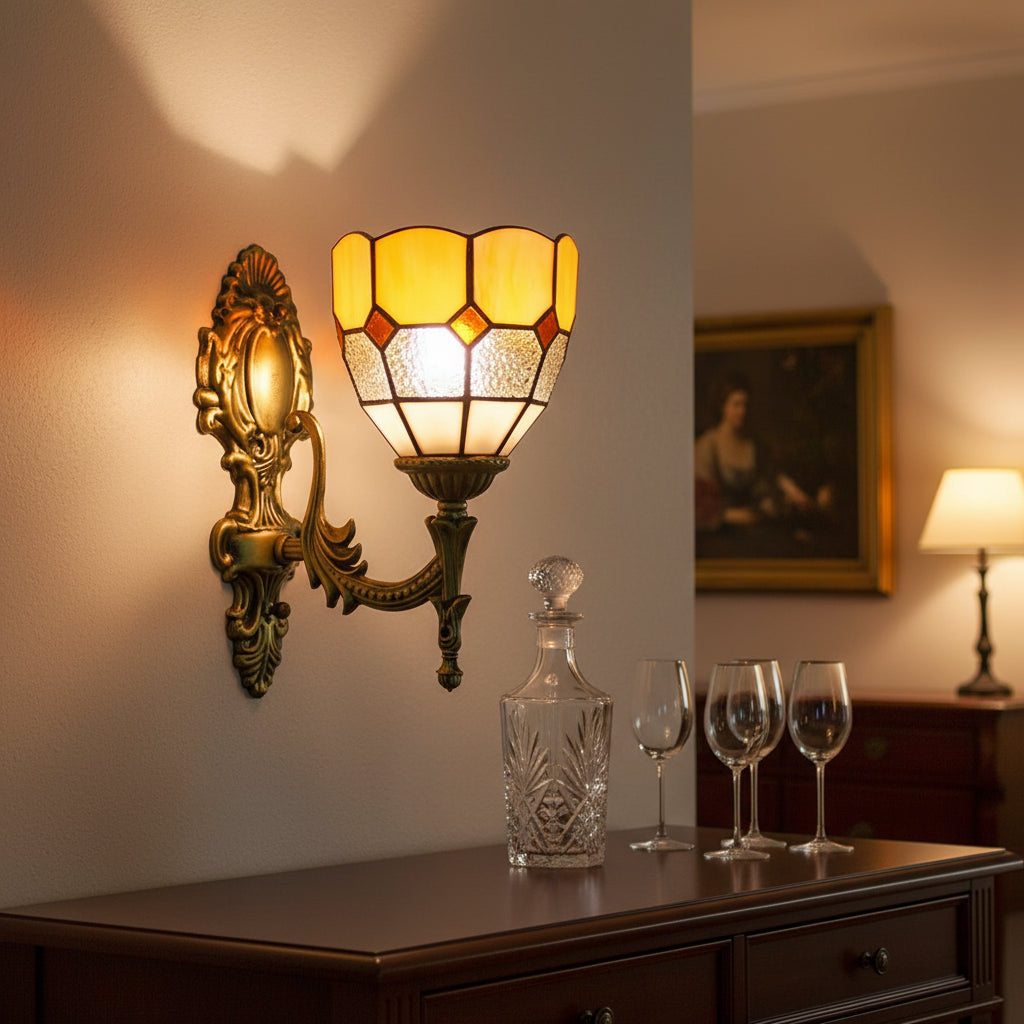 Tiffany Style Wall Sconce in Amber and White Glass
