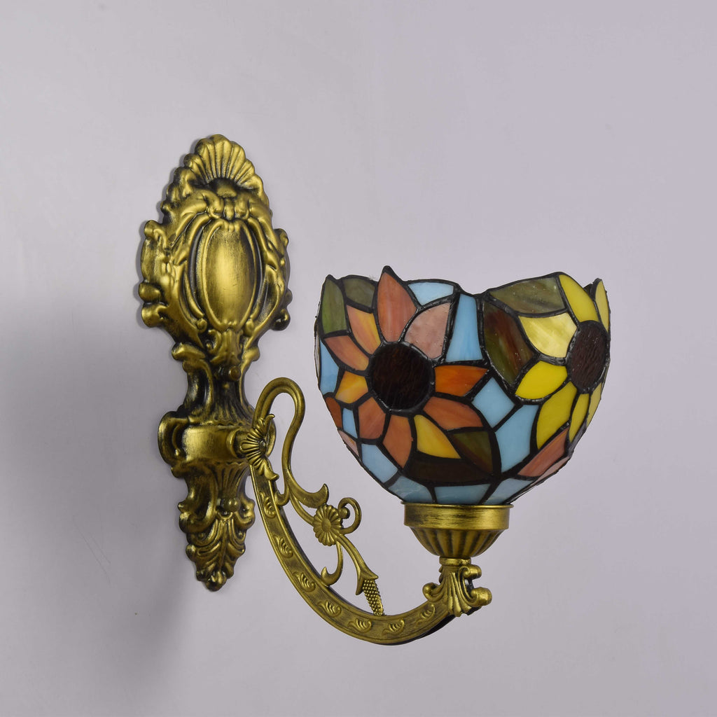 Tiffany Style Wall Sconce in Gold and Floral Stained Glass