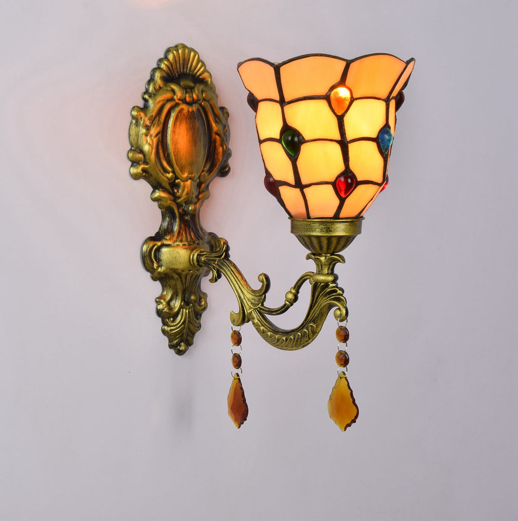 Tiffany Style Wall Sconce in Gold Metal and Crystals