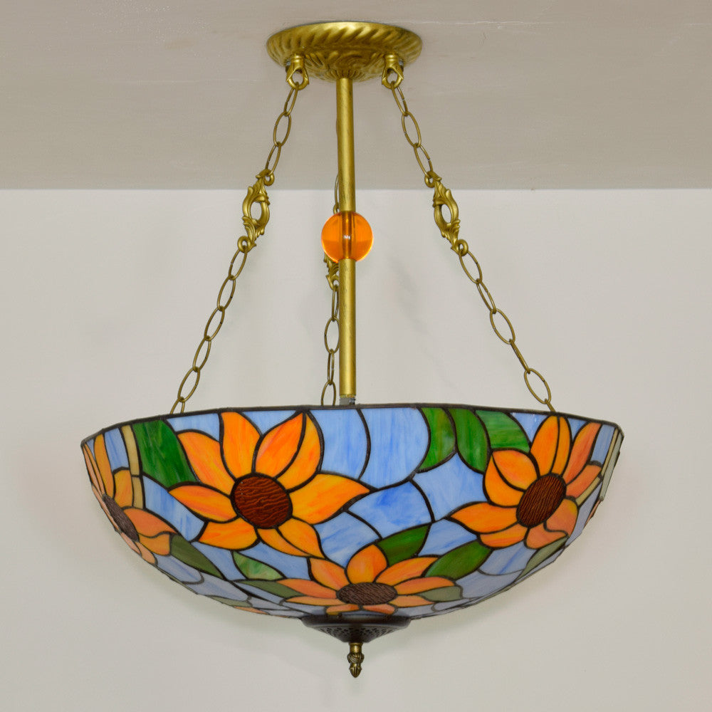 Tiffany Sunflower Chandelier in Blue Stained Glass