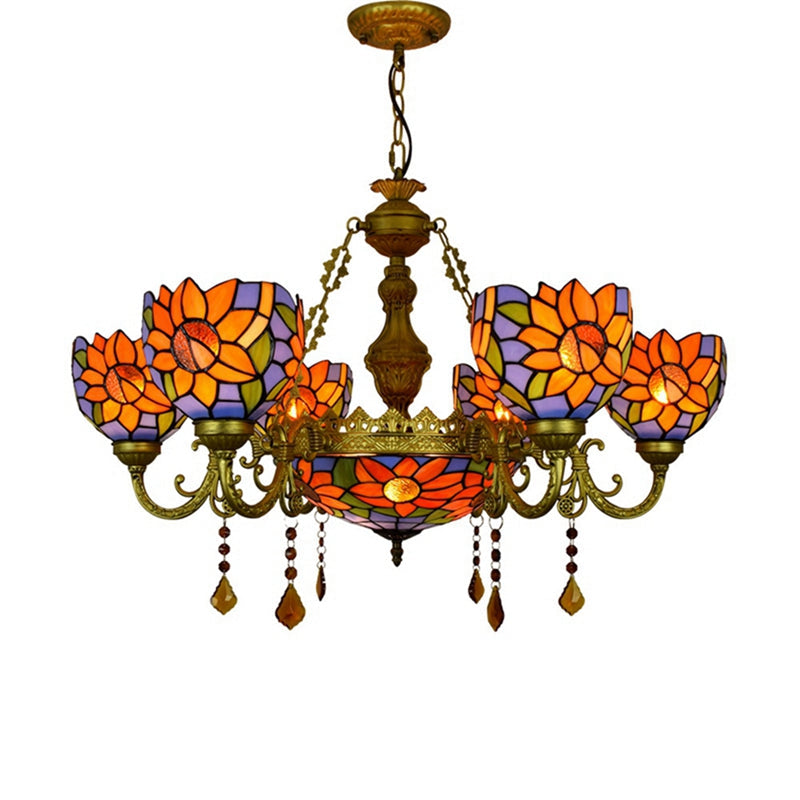 Tiffany Sunflower Chandelier in Glass and Bronze