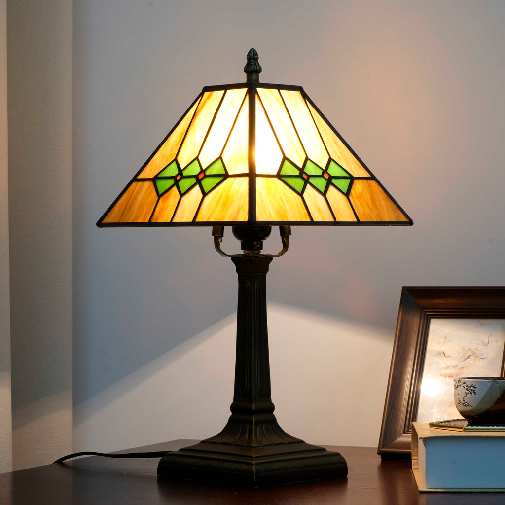 Tiffany Table Lamp in Amber and Green Stained Glass