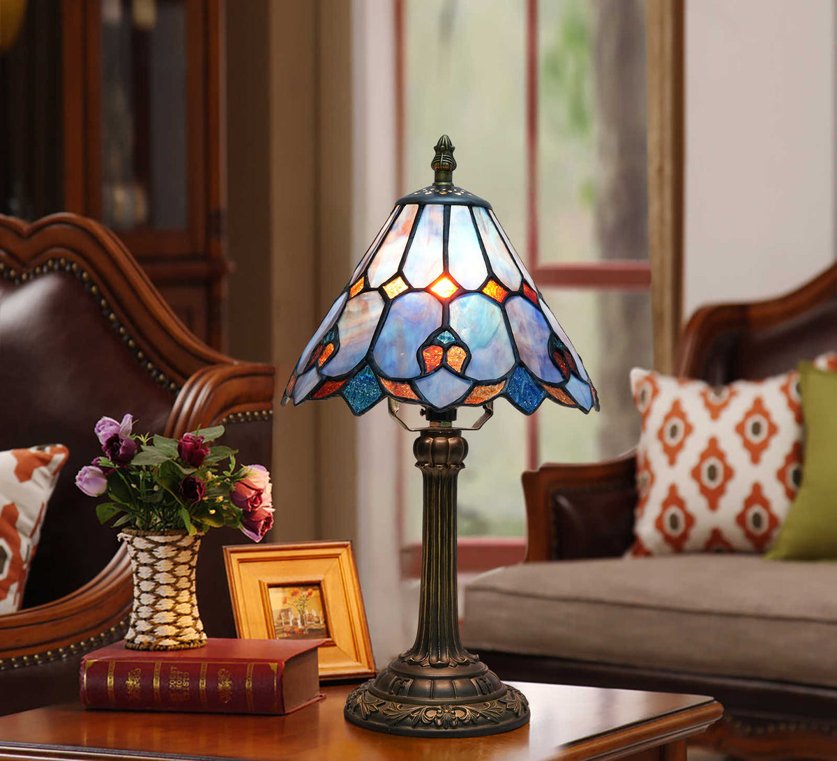 Tiffany Table Lamp in Blue and Orange Stained Glass