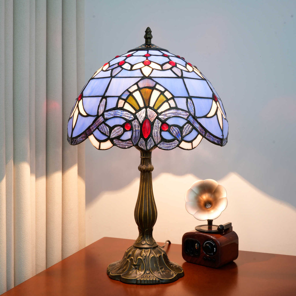 Tiffany Table Lamp in Blue and Red Stained Glass