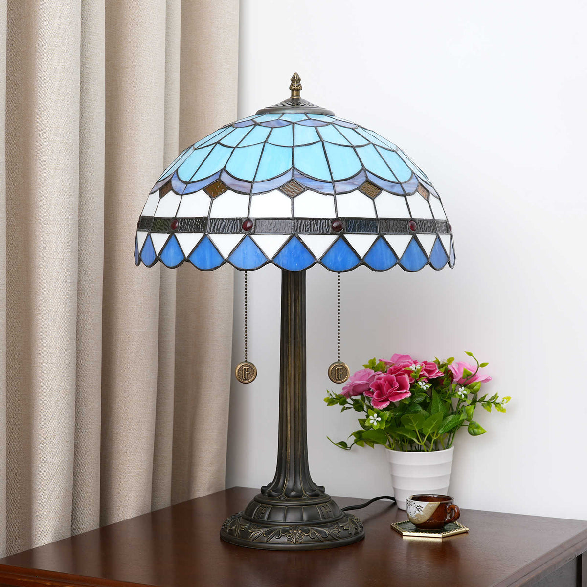 Tiffany Table Lamp in Blue and White Stained Glass