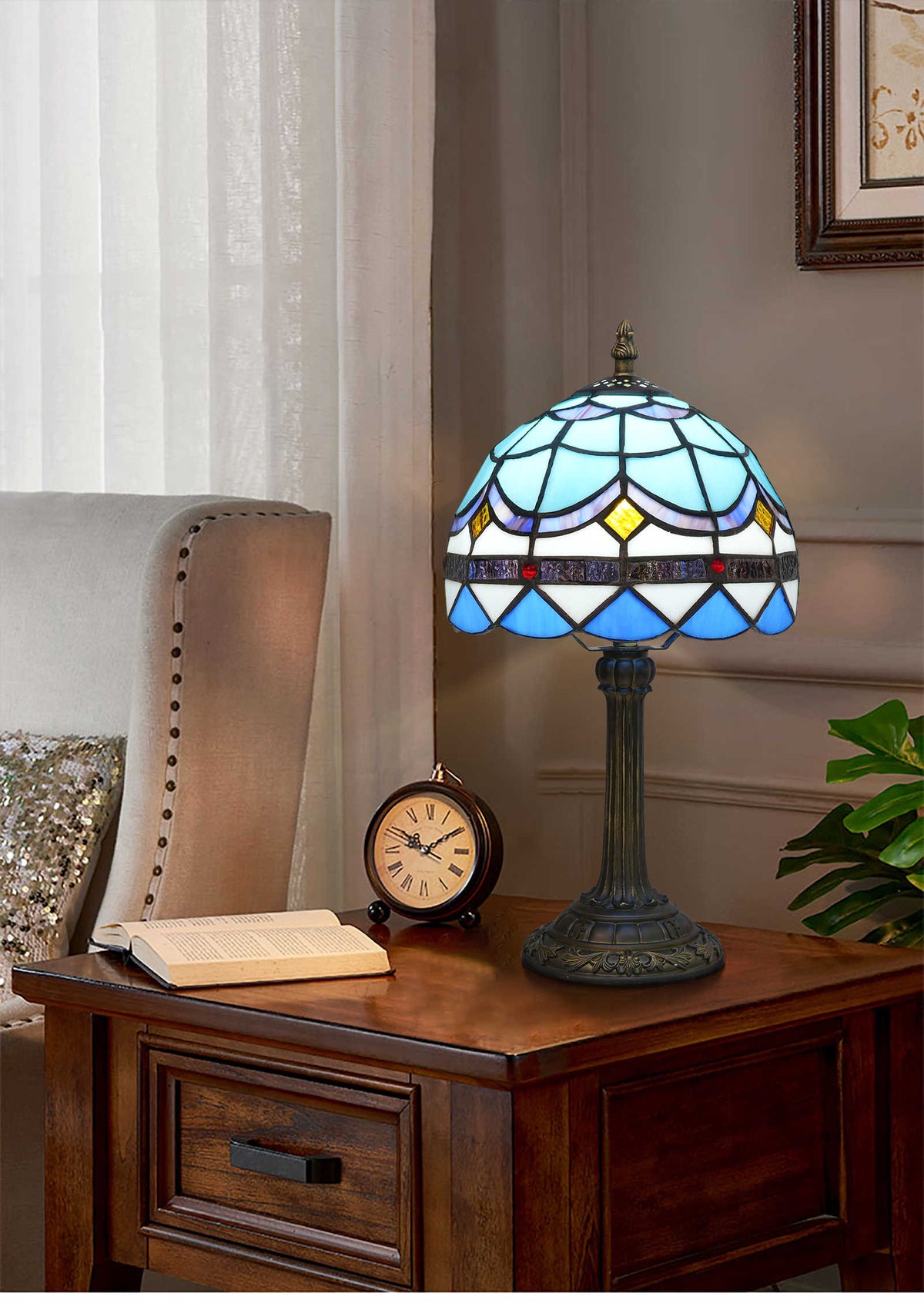 Tiffany Table Lamp in Blue and Yellow Tinted Glass