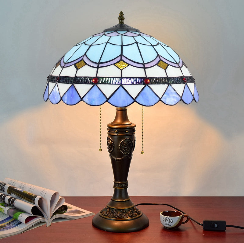 Tiffany Table Lamp in Blue Glass, Carved Bronze Base