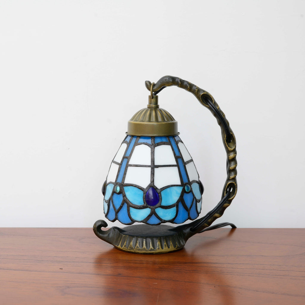 Tiffany Table Lamp in Blue Stained Glass with Bronze Base