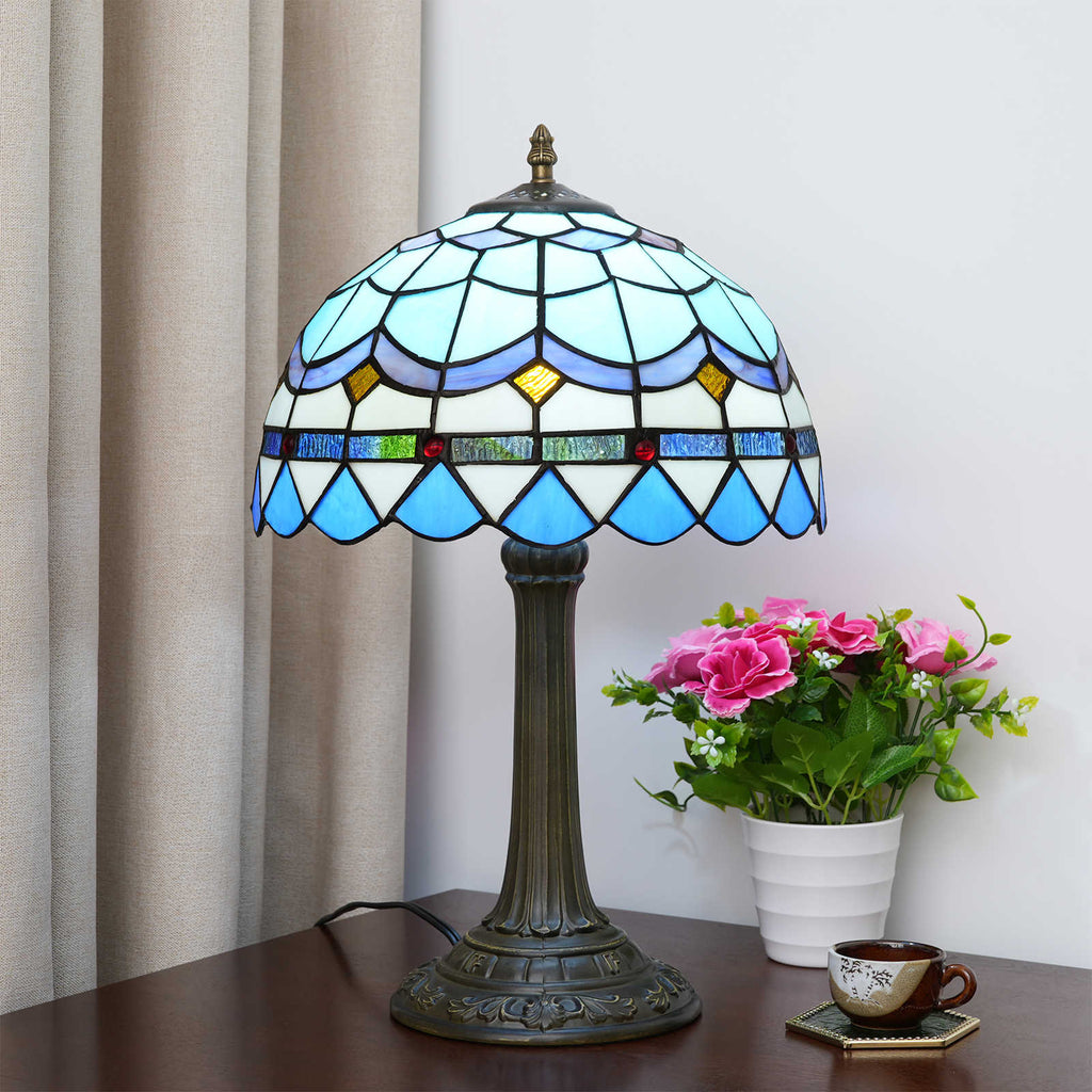 Tiffany Table Lamp in Blue Stained Glass with Geometric Patterns