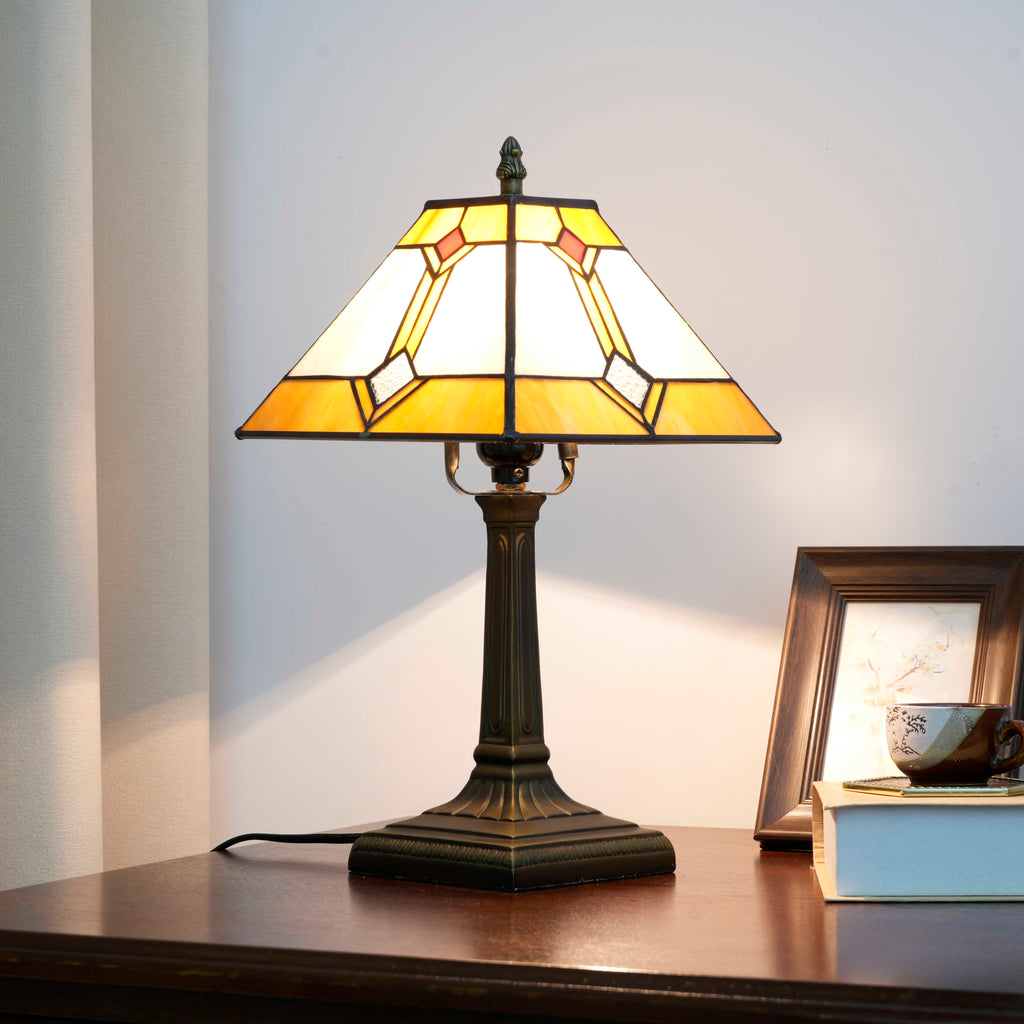 Tiffany Table Lamp in Geometric Amber Stained Glass