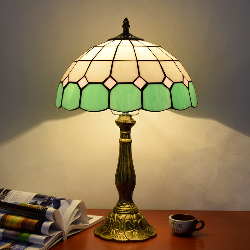 Tiffany Table Lamp in Green and Pink Stained Glass