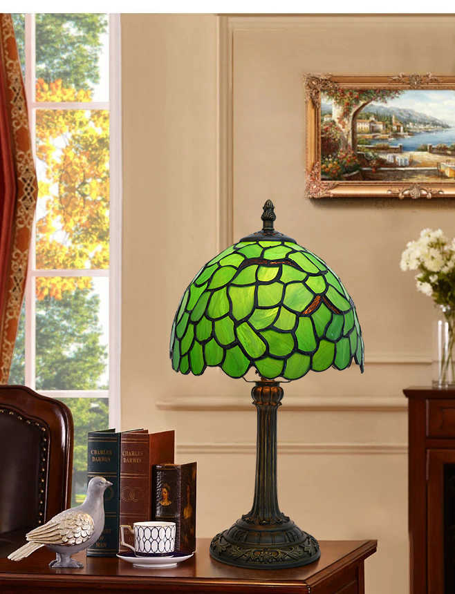 Tiffany Table Lamp in Green Glass and Antique Bronze