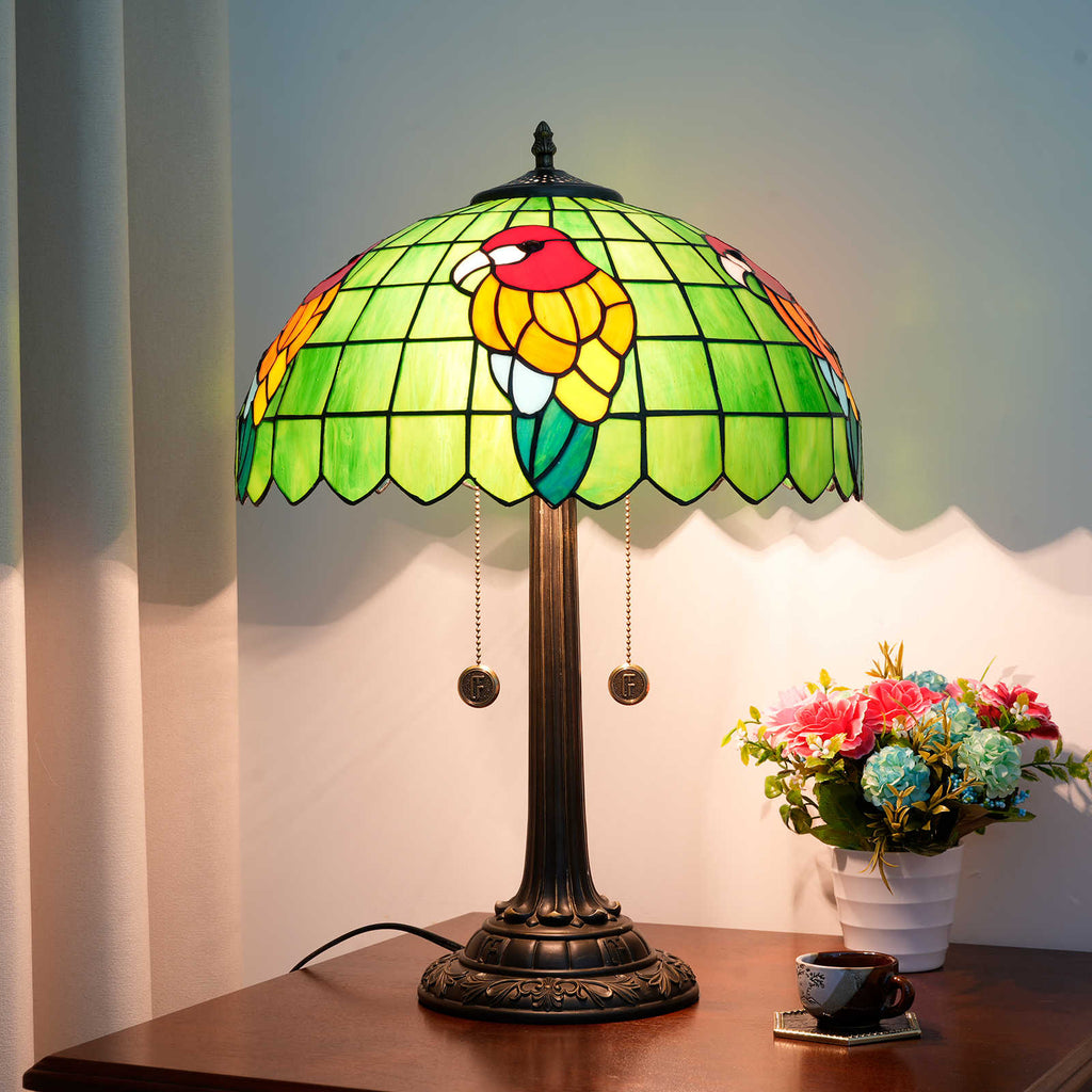 Tiffany Table Lamp in Green Stained Glass with Parrot