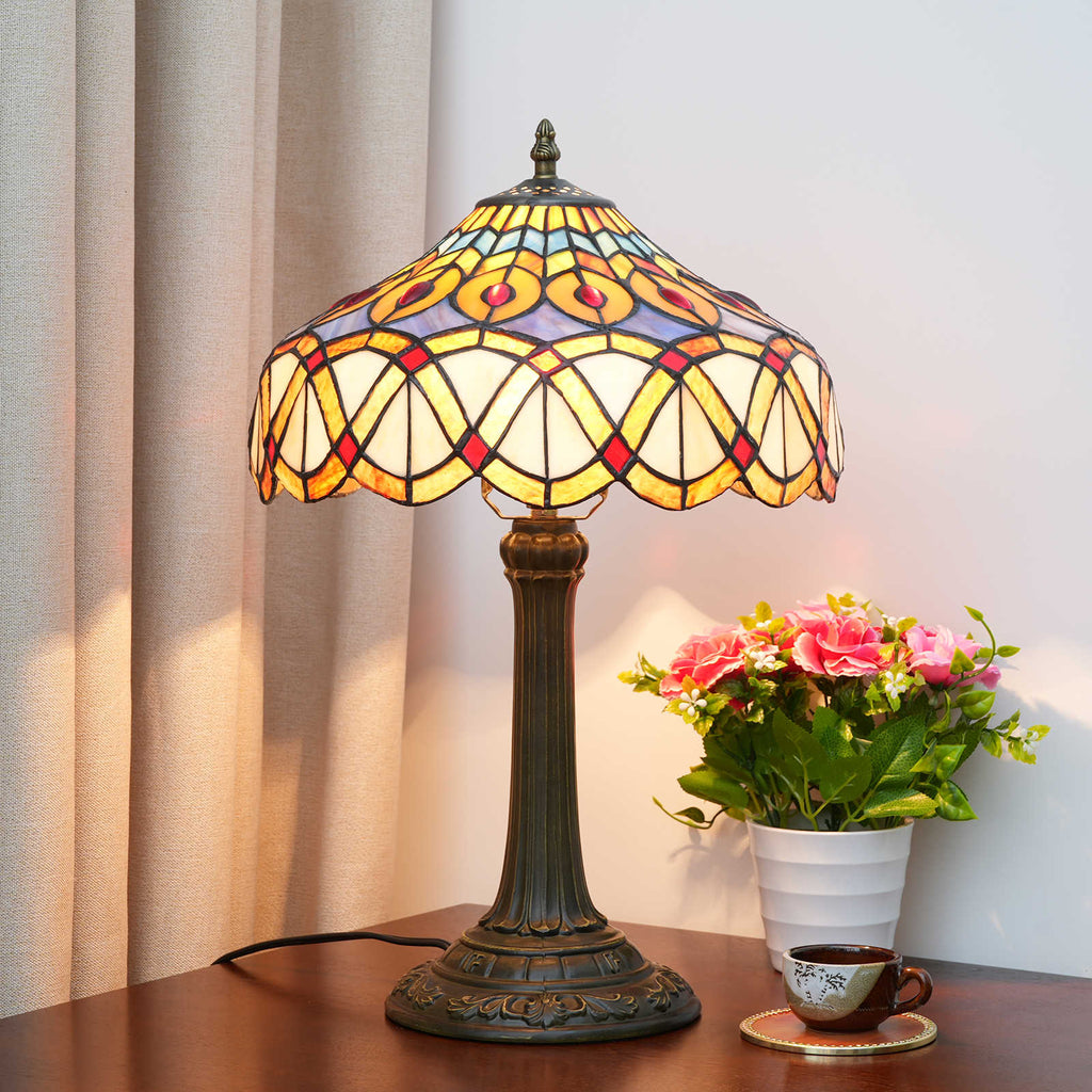 Tiffany Table Lamp in Stained Glass and Aged Bronze Base