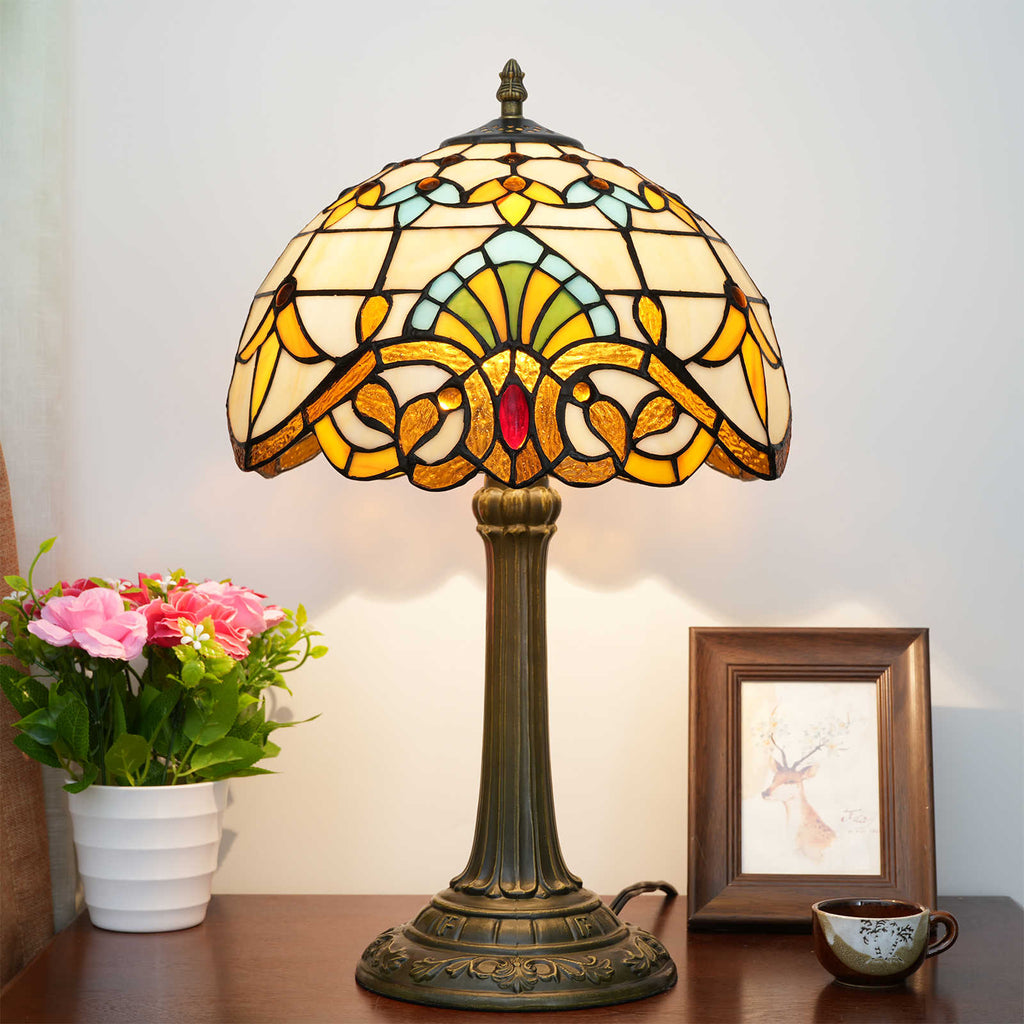 Tiffany Table Lamp in Stained Glass and Aged Bronze
