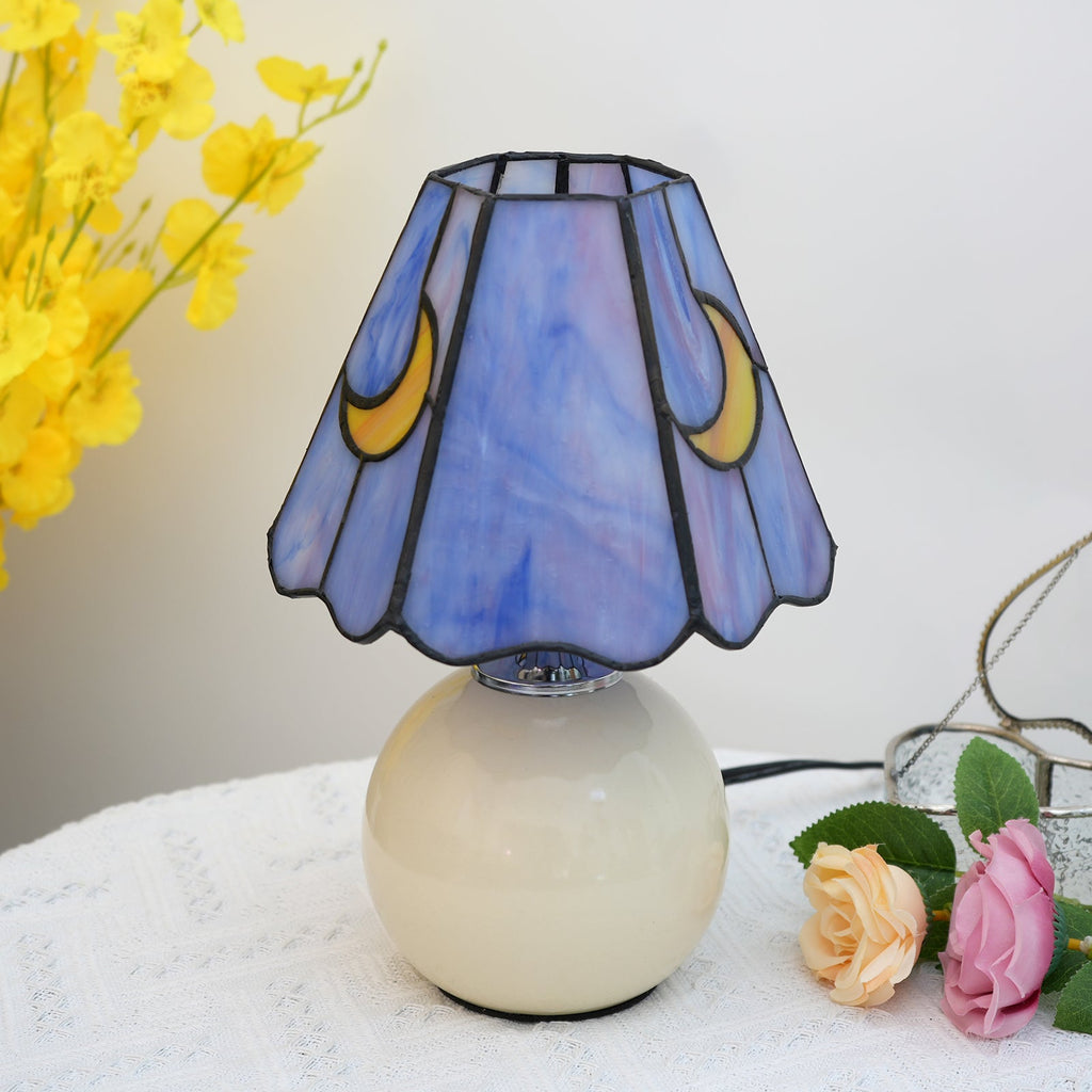 Tiffany Table Lamp in Stained Glass, Blue with Yellow Moons