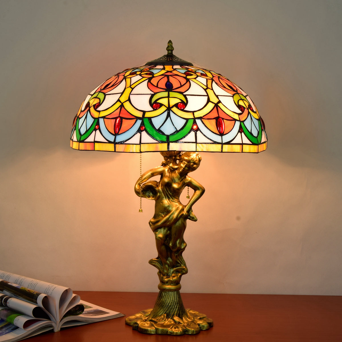 Tiffany Table Lamp in Tinted Glass with Bronze Figure