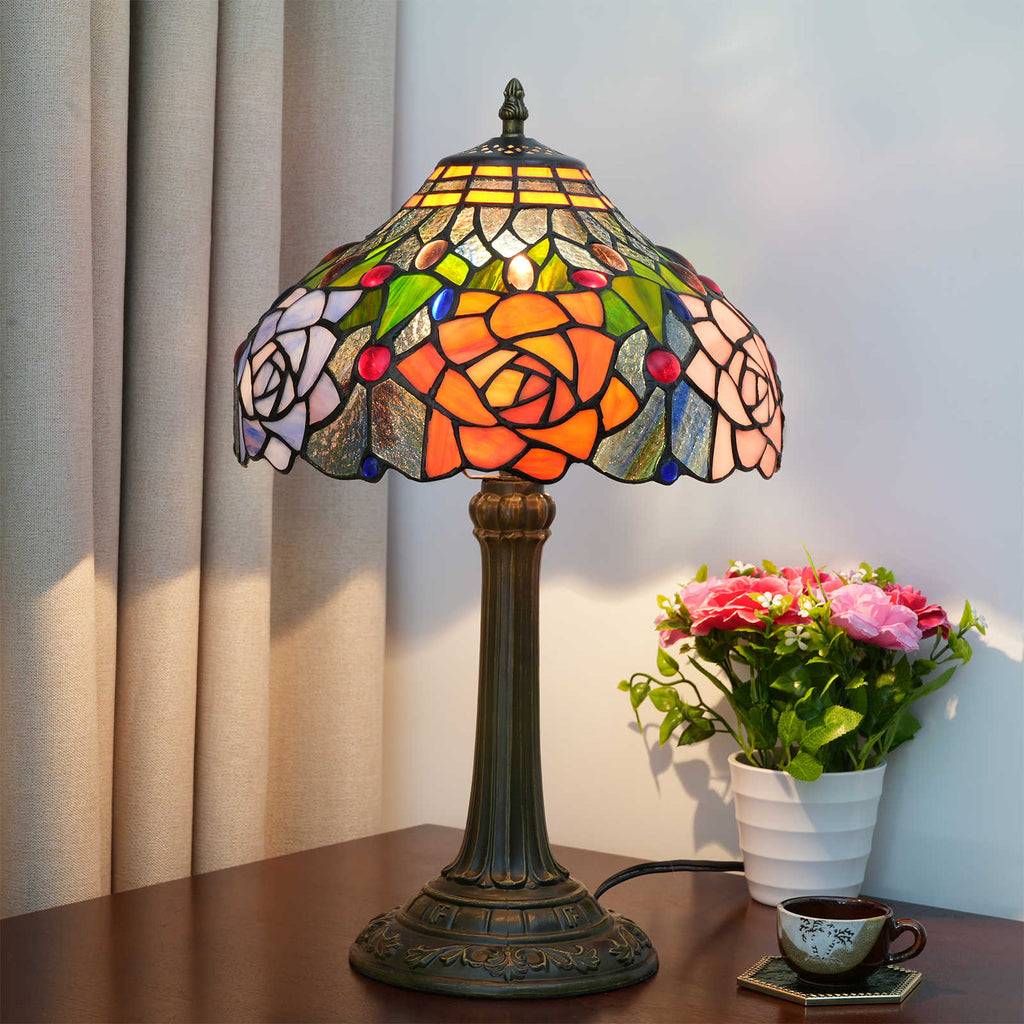 Tiffany Table Lamp in Tinted Glass with Multicolored Roses