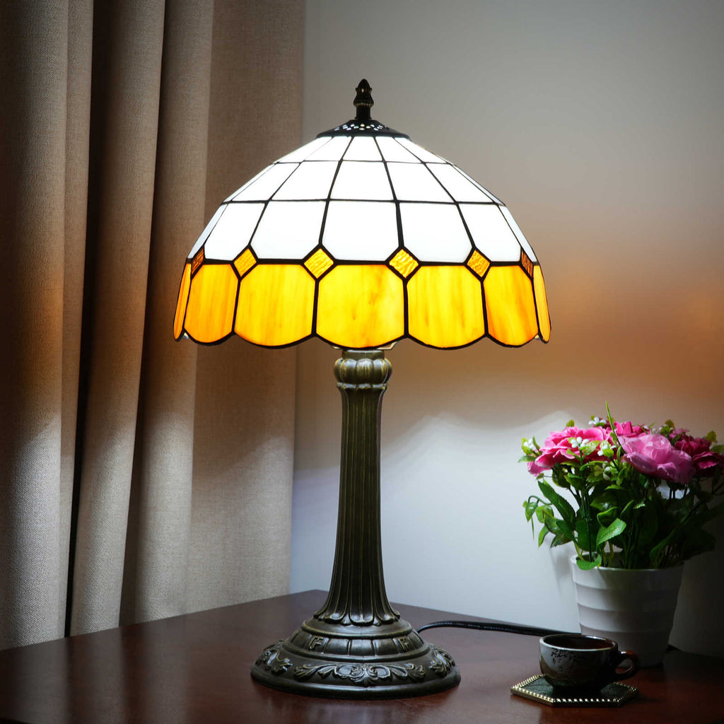 Tiffany Table Lamp in White and Amber Stained Glass