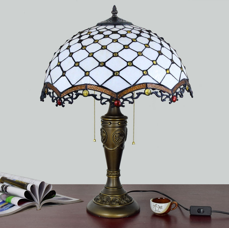Tiffany Table Lamp in White Stained Glass and Antique Bronze