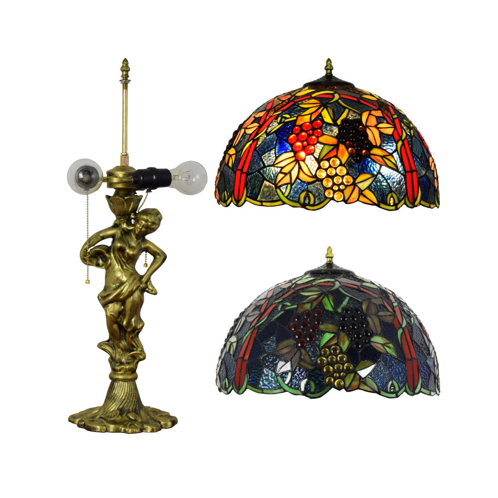Tiffany Table Lamp with Bronze Base and Stained Glass Grapes