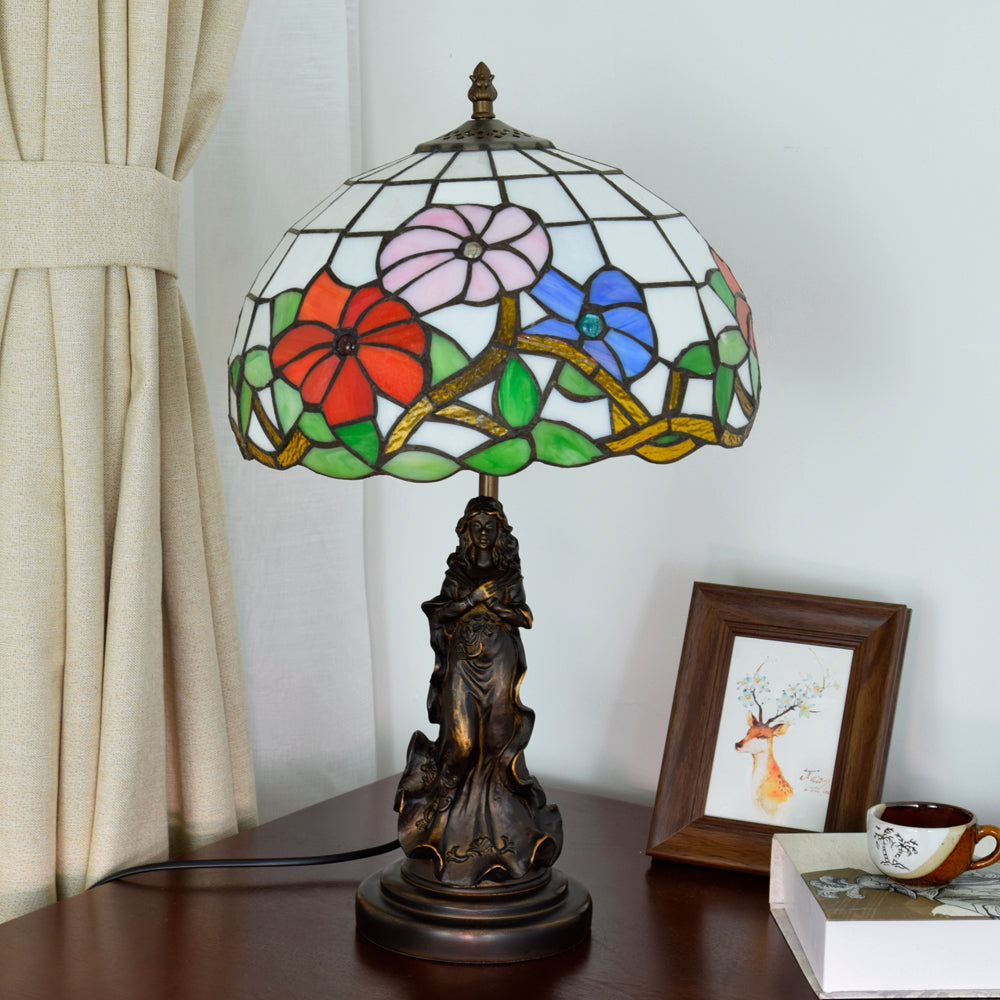 Tiffany Table Lamp with Floral Stained Glass and Bronze Woman Base