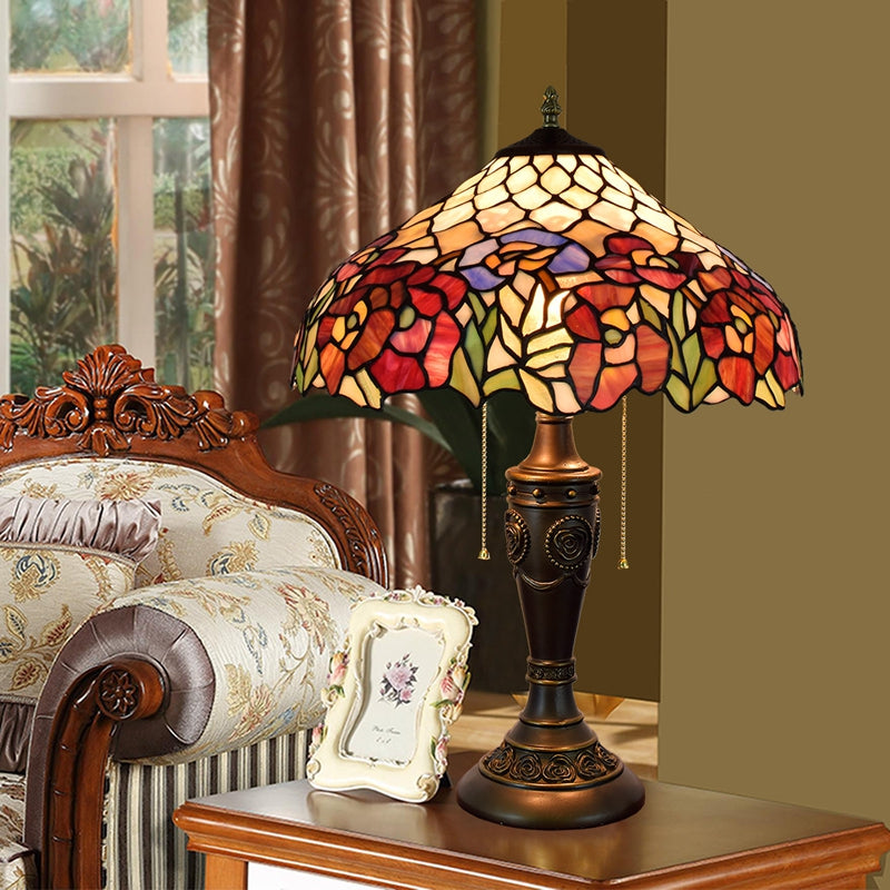 Tiffany Table Lamp with Floral Stained Glass and Carved Bronze