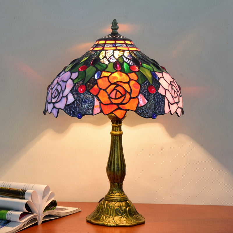 Tiffany Table Lamp with Multicolored Stained Glass Roses