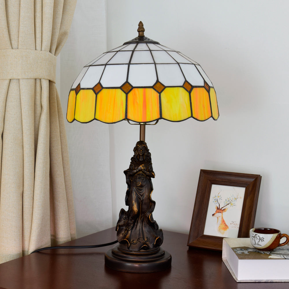 Tiffany Table Lamp, Yellow Stained Glass with Base, Woman