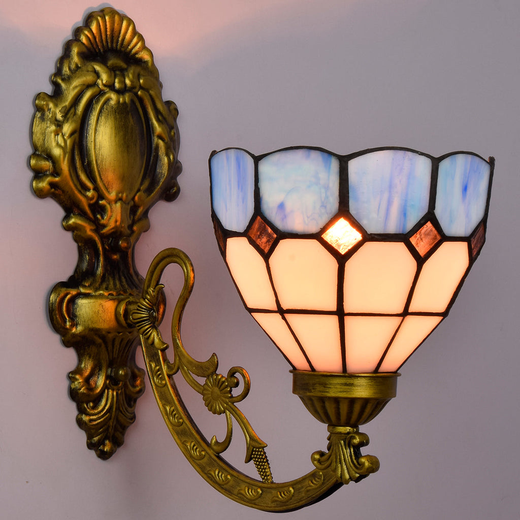 Tiffany Wall Sconce in Blue Tinted Glass and Bronze Metal