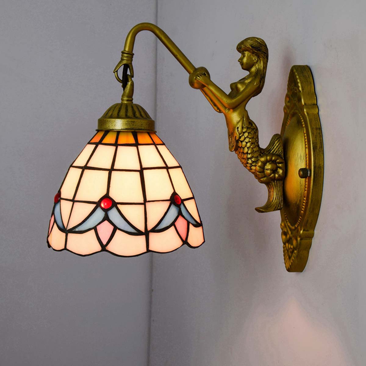 Tiffany Wall Sconce in Stained Glass with Mermaid