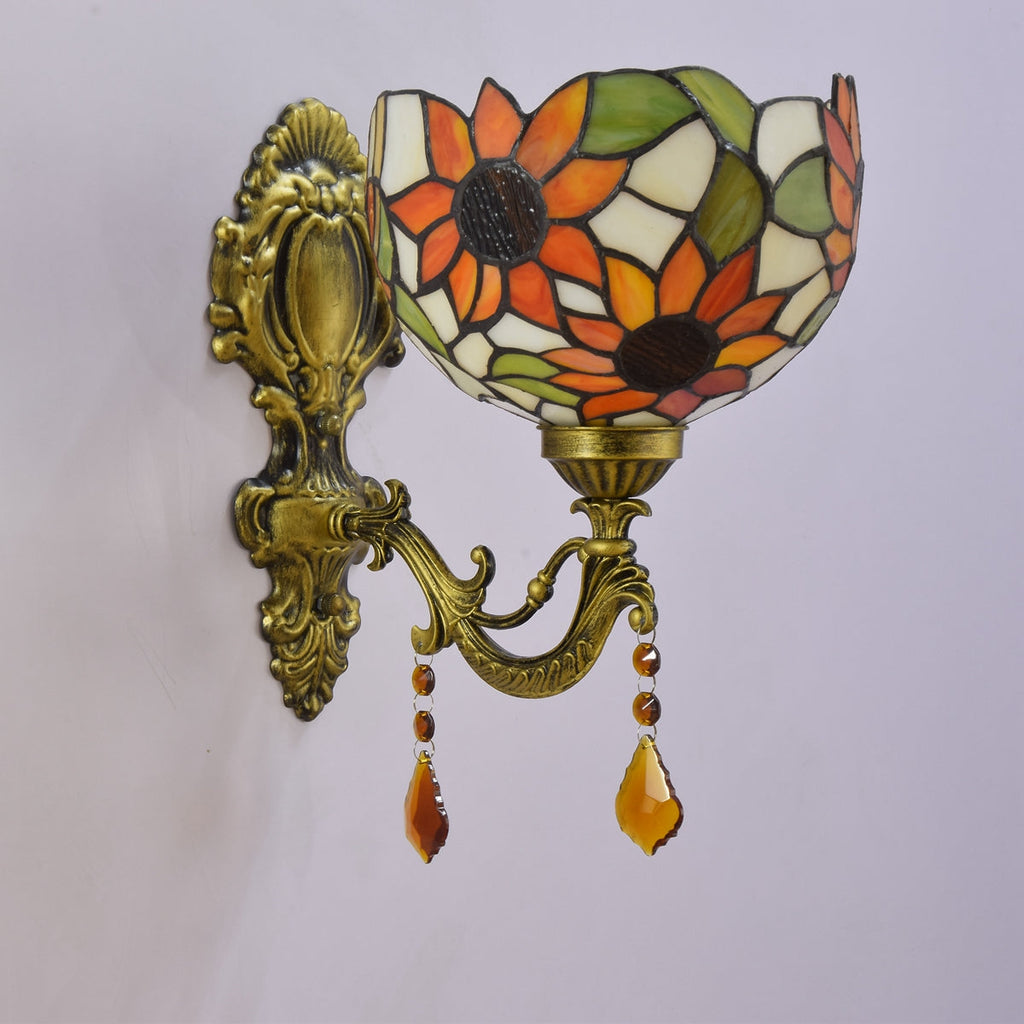 Tiffany Wall Sconce in Sunflower Stained Glass and Brass