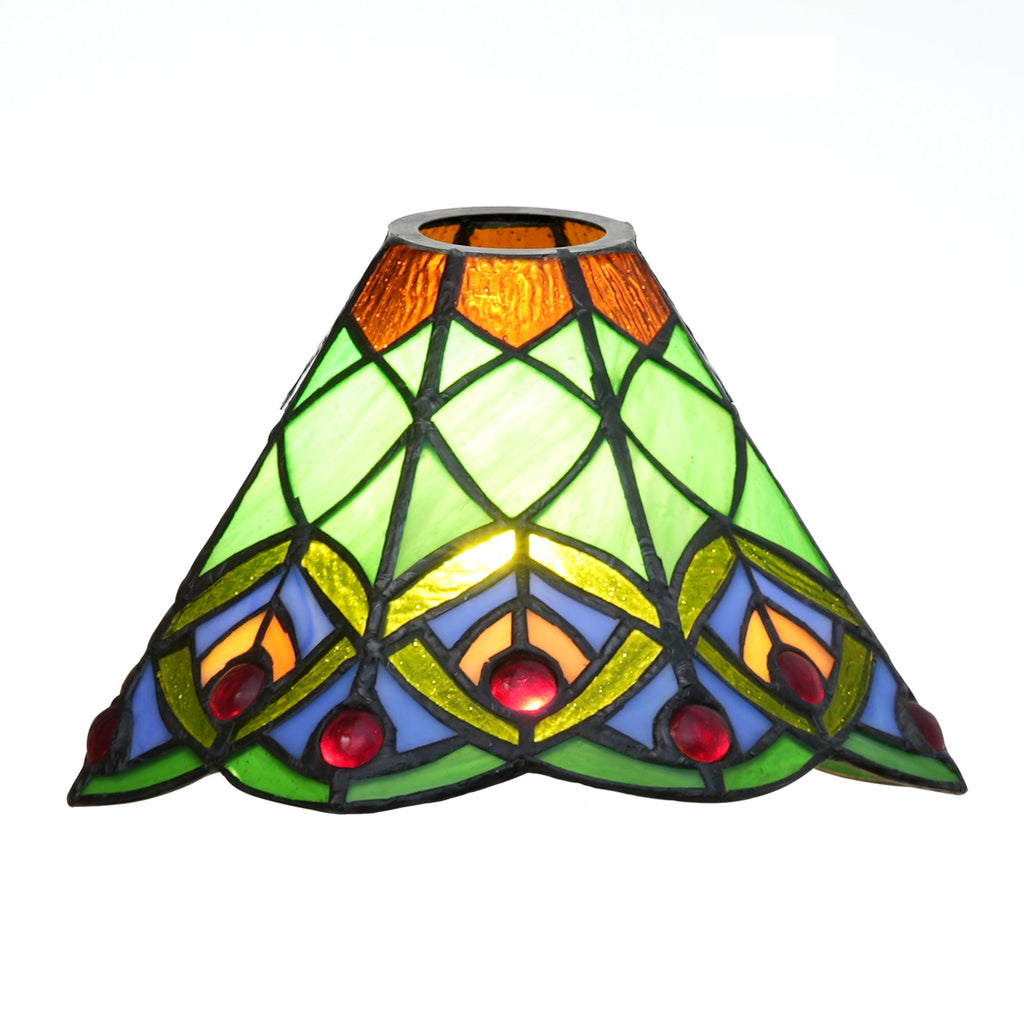 Tinted glass lampshade with patterns and red cabochons
