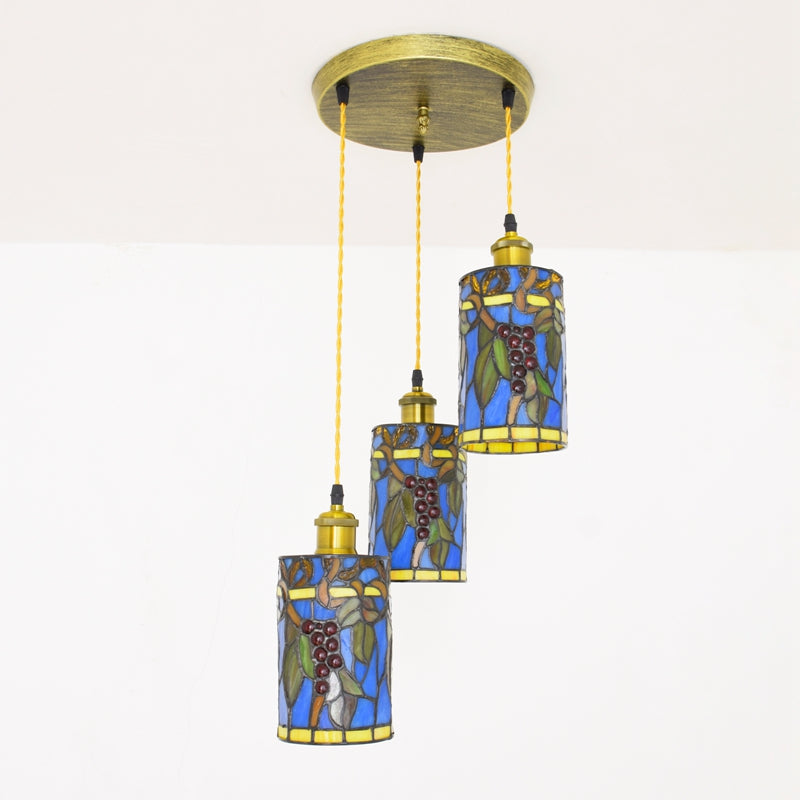Triple Tiffany Pendant Light with Vine and Grape Motif