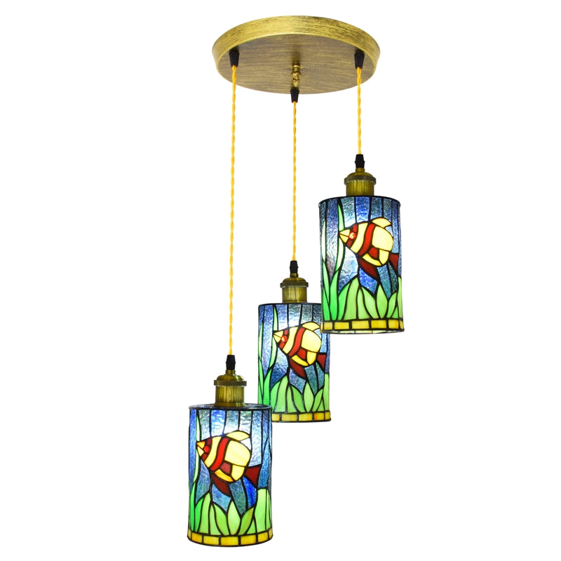 Triple Tiffany Stained Glass Fish Pendant Light