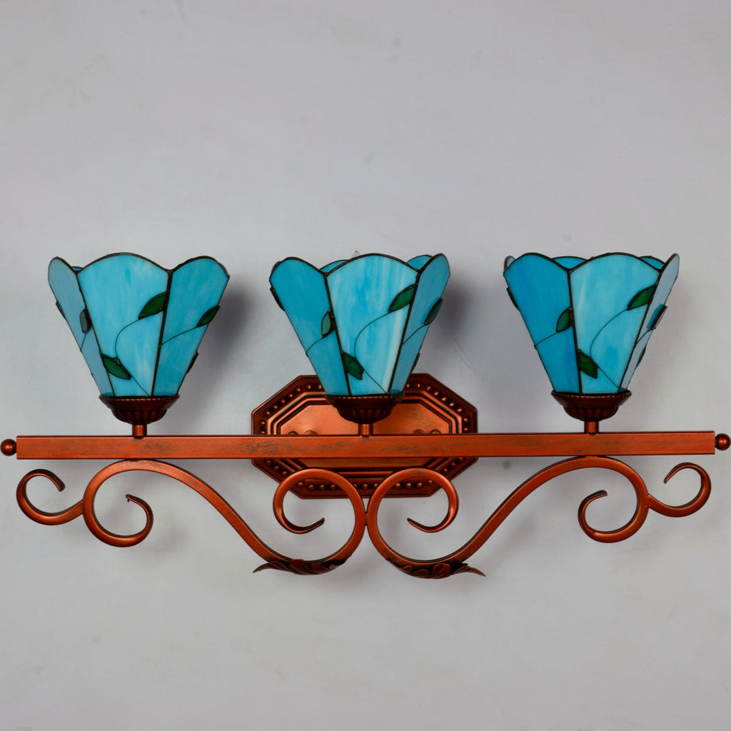 Triple Tiffany Wall Sconce, Blue Glass with Leaf Design