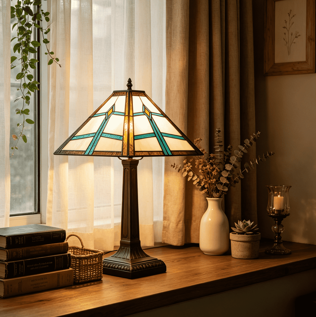 Turquoise and Amber Geometric Stained Glass Table Lamp