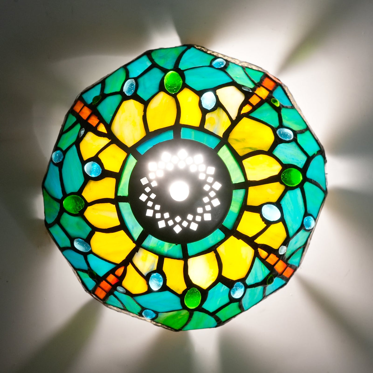 Turquoise Yellow Tiffany Ceiling Light with Glass Cabochons