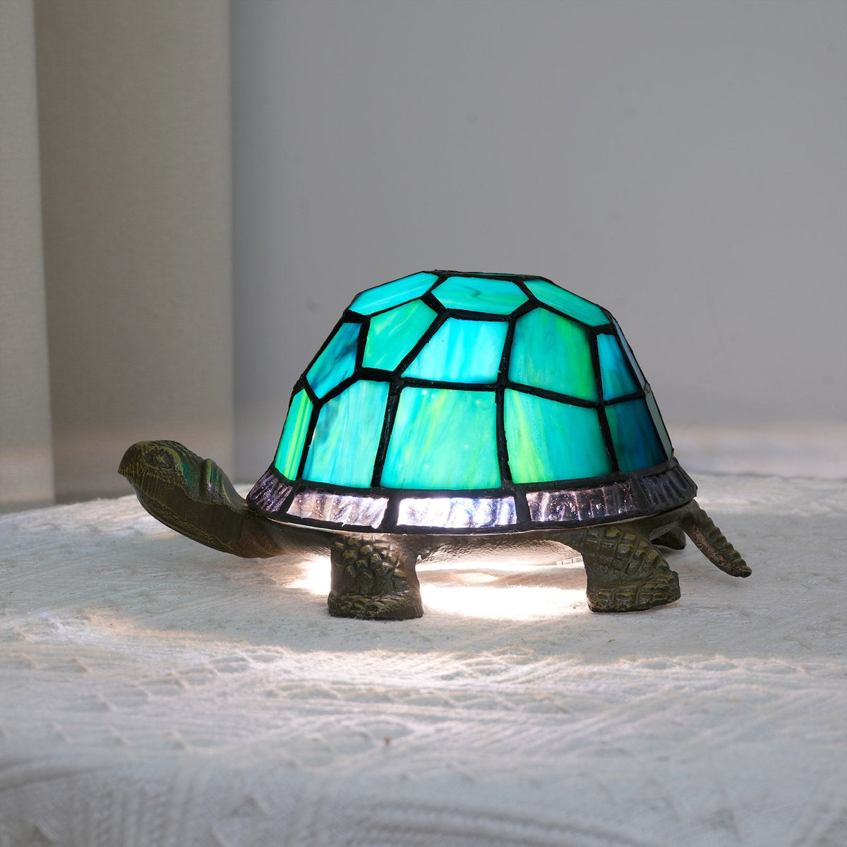 Turtle Lamp in Tiffany Style Tinted Glass, Turquoise Green