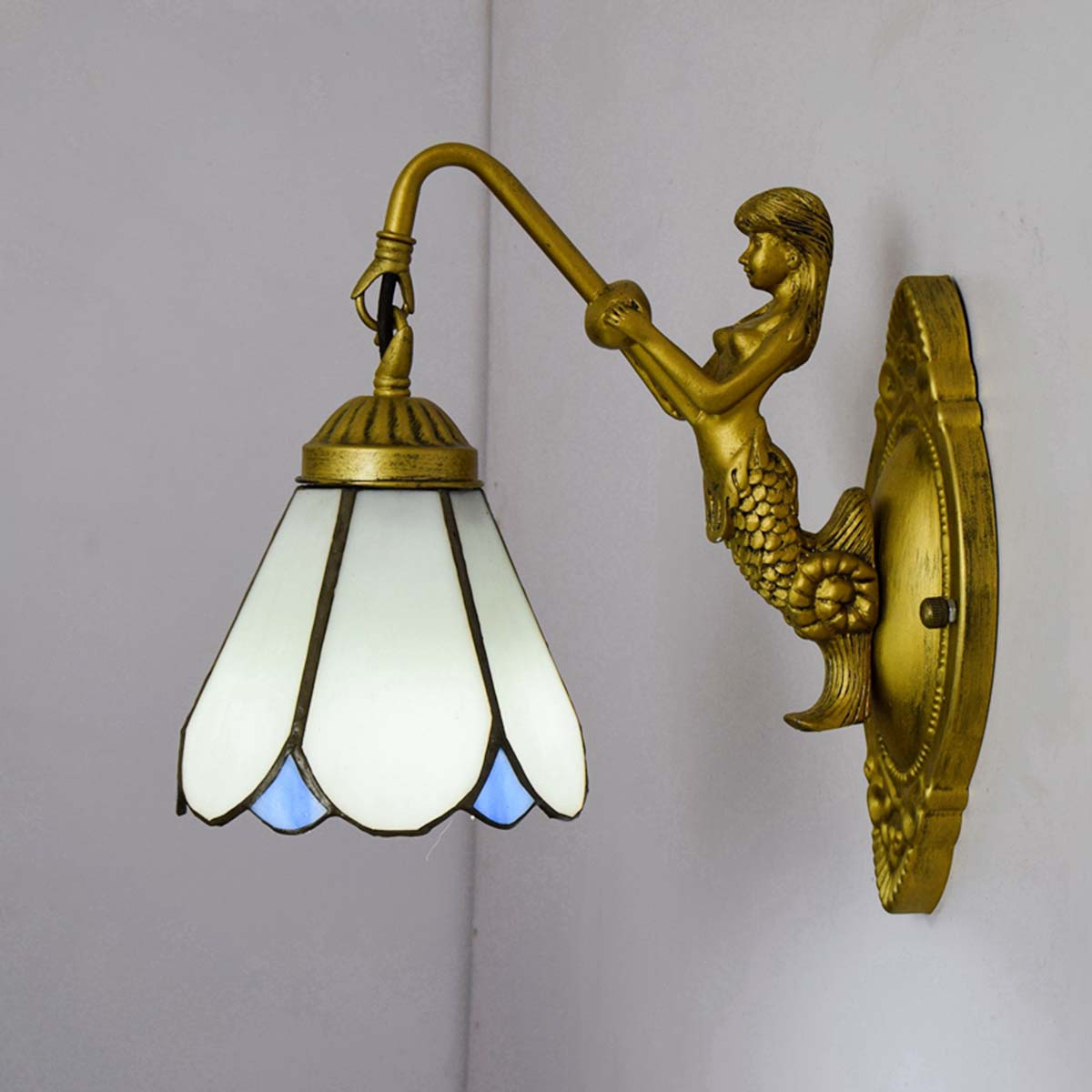 Vintage Bronze Mermaid Wall Sconce with Tiffany Glass