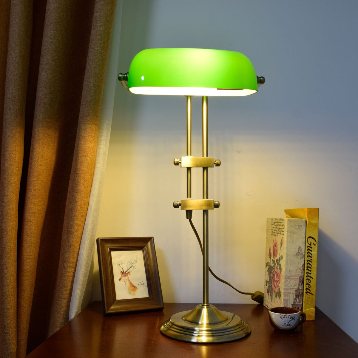 Vintage Desk Lamp in Antique Brass, Anise Green