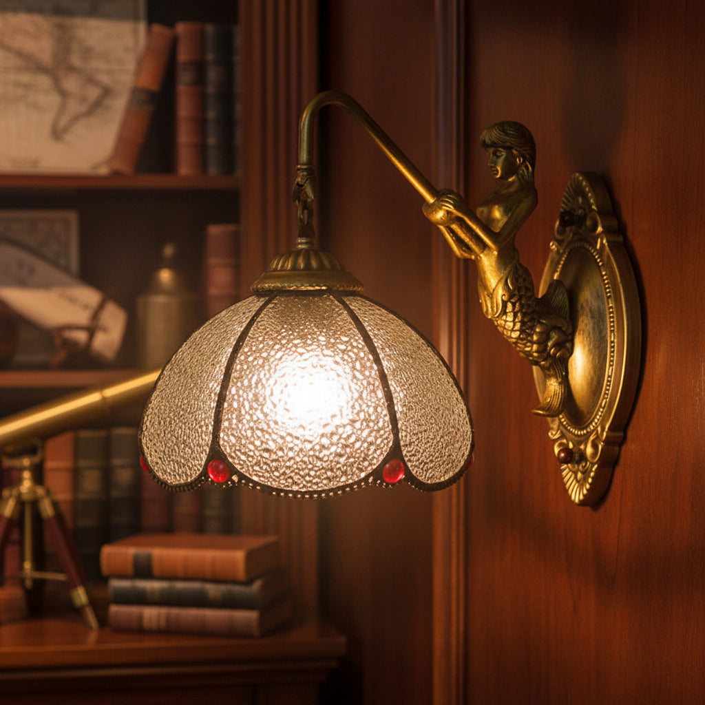 Vintage Gold Mermaid Wall Sconce in Textured Glass