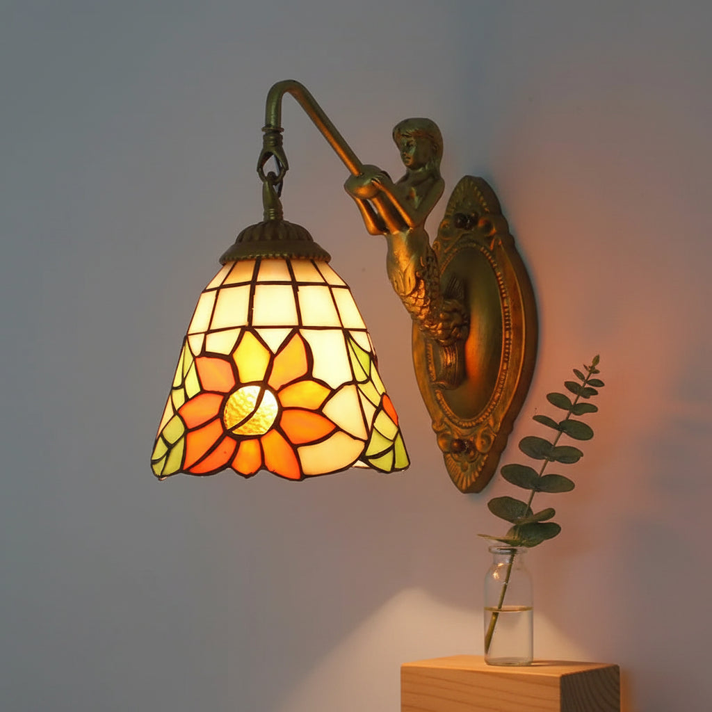 Vintage Mermaid Wall Sconce in Bronze and Stained Glass Flower