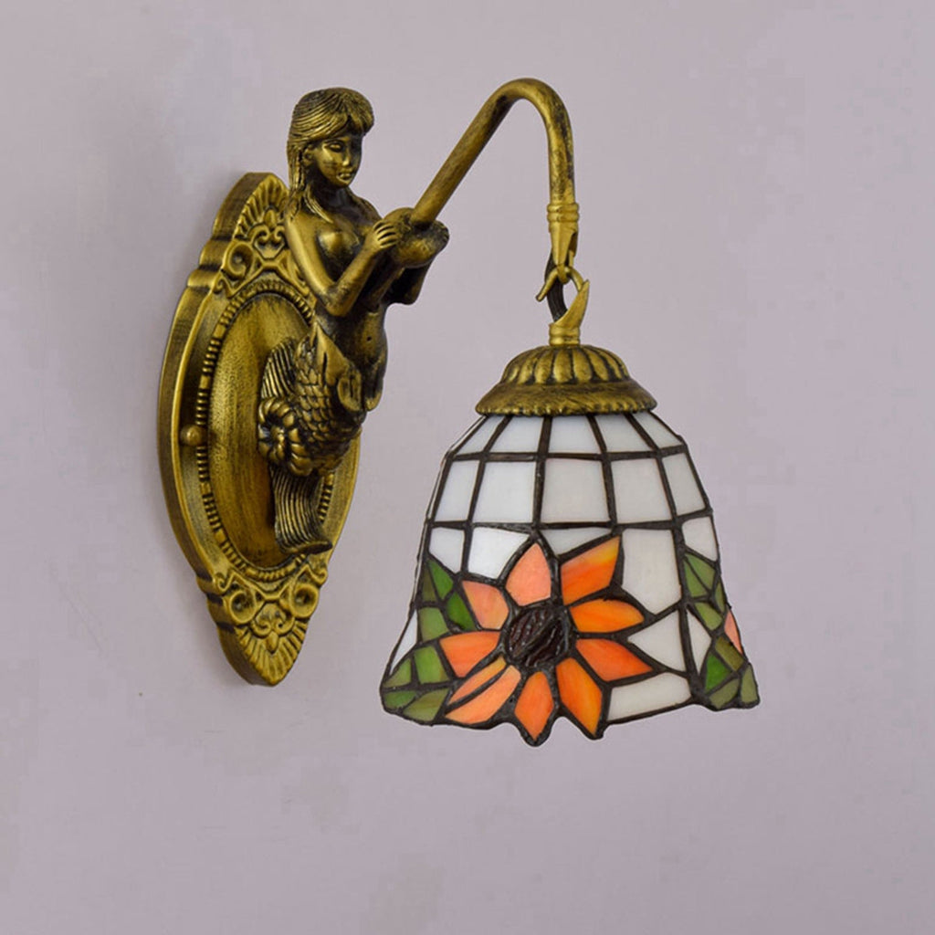 Vintage Mermaid Wall Sconce in Tinted Glass with Flower
