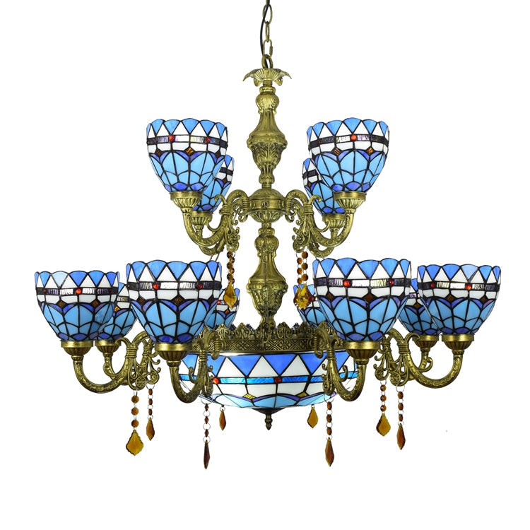 Vintage Tiffany Blue Stained Glass Chandelier with 8 Lights